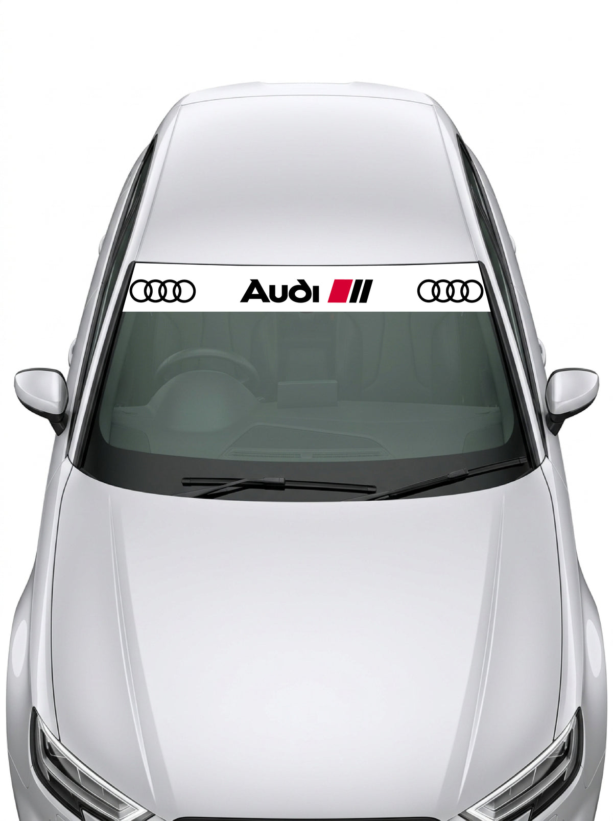 Parasol de vinilo Audi Sport blanco instalado en el parabrisas de un coche: los cuatro anillos a cada extremo y el lettering Audi con las tres barras rojas en el centro, en negro sobre fondo blanco, de MOA-Grafics.