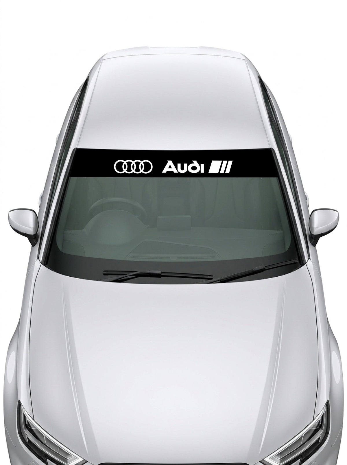 Parasol de vinilo Audi Sport de 150x25 cm en negro con los cuatro anillos junto al rotulo Audi, instalado en el parabrisas de un coche
