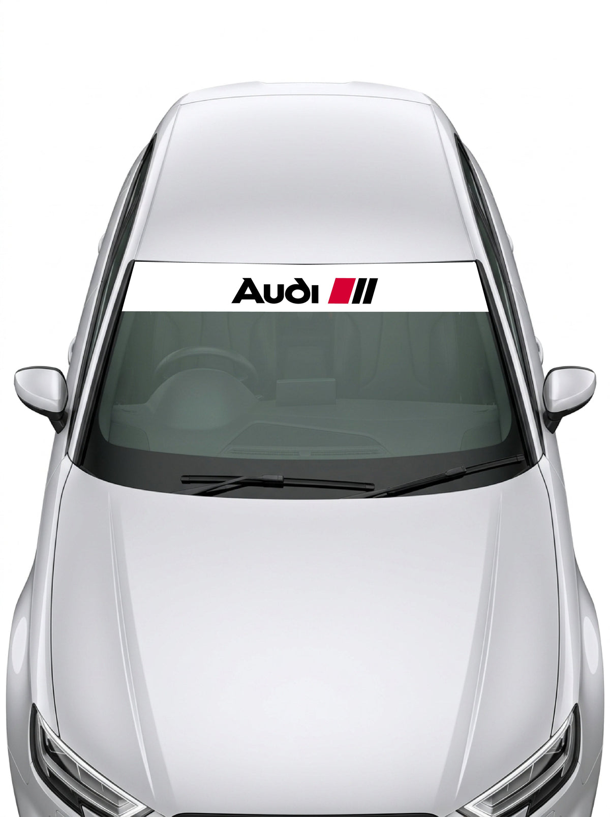 Parasol de vinilo Audi Sport de 150x25 cm en blanco con el rotulo Audi en negro y las tres barras rojas, instalado en el parabrisas de un coche