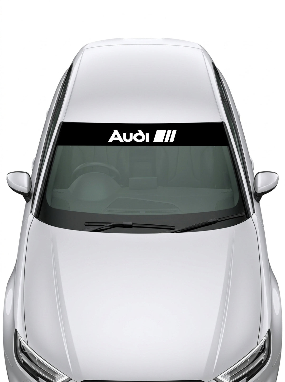 Parasol de vinilo Audi Sport de 150x25 cm en negro con el rotulo Audi y las tres barras en blanco, instalado en el parabrisas de un coche