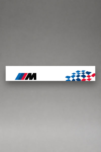 Parasol de vinilo BMW M Motorsport · Bandera a Cuadros y Tricolor M, la tira entera de 150 x 25 cm vista de frente, de MOA-Grafics.