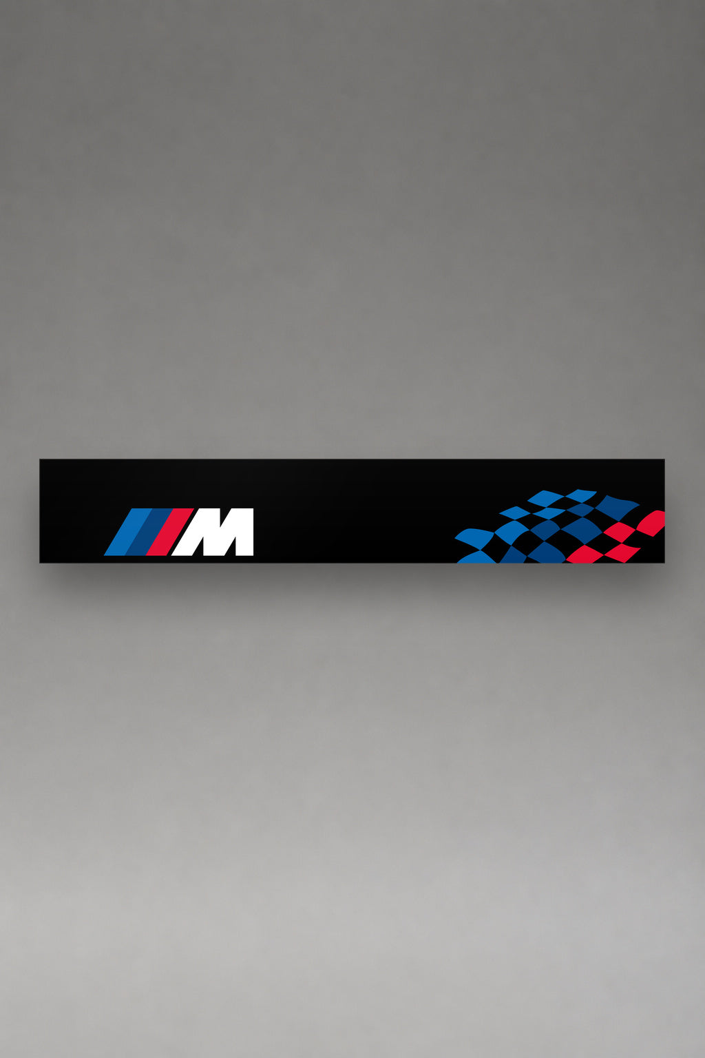Parasol de vinilo BMW M Motorsport · Bandera a Cuadros y Tricolor M, la tira entera de 150 x 25 cm vista de frente, de MOA-Grafics.
