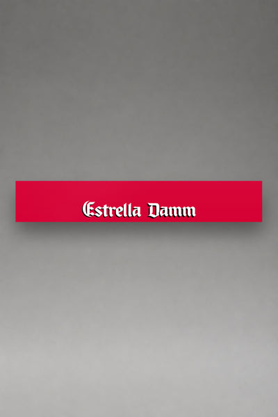 Parasol de vinilo Estrella Damm · Diseño Exclusivo, la tira entera de 150 x 25 cm vista de frente, de MOA-Grafics.