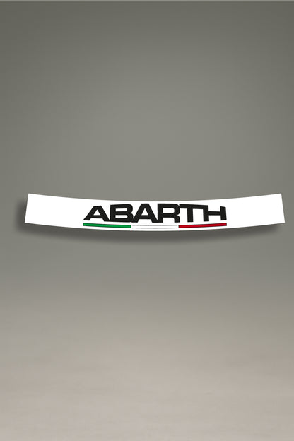Parasol de vinilo blanco con el logo 'Abarth' en negro y la bandera de Italia. Un accesorio de MOA-Grafics para dar un toque de elegancia italiana a tu coche mientras proteges el interior de los rayos UV.