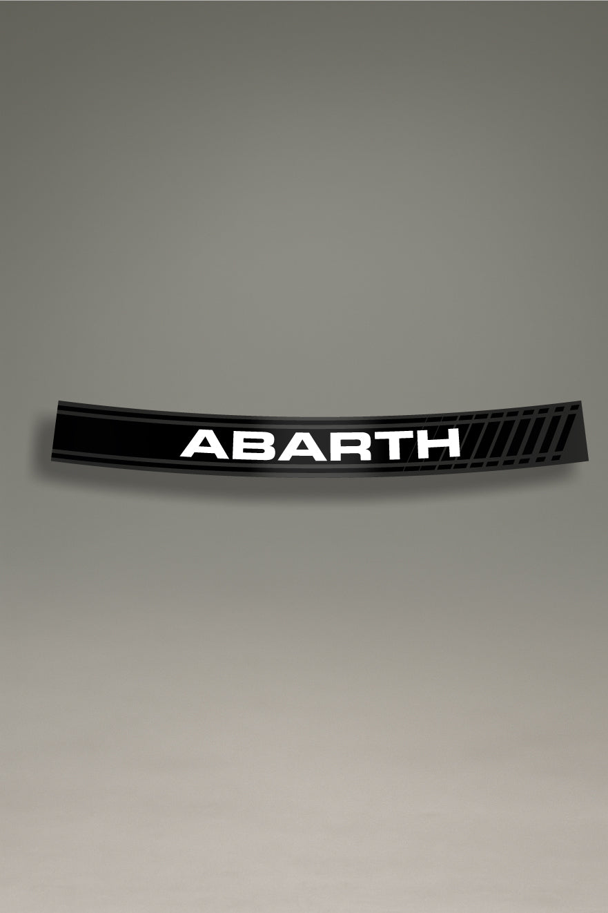 Parasol de vinilo negro con franjas laterales y el logo 'Abarth' en blanco. Accesorio de personalización de MOA-Grafics para dar un toque deportivo a tu coche y protegerlo del sol.