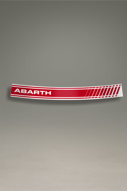 Parasol de vinilo rojo con el logo 'Abarth' y franjas laterales en blanco. Accesorio de personalización de MOA-Grafics para dar un toque de competición a tu coche y protegerlo de los rayos UV.