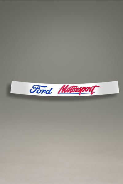 Parasol de vinilo negro con el logotipo clásico de Ford Motorsport en azul y rojo. Accesorio de MOA-Grafics para dar un toque retro de competición a tu coche y protegerlo de los rayos UV.