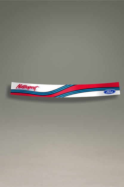 Parasol de vinilo blanco con el logo Ford Motorsport y franjas estilo Martini Racing. Un accesorio de MOA-Grafics para personalizar vehículos Ford con un diseño clásico de competición.