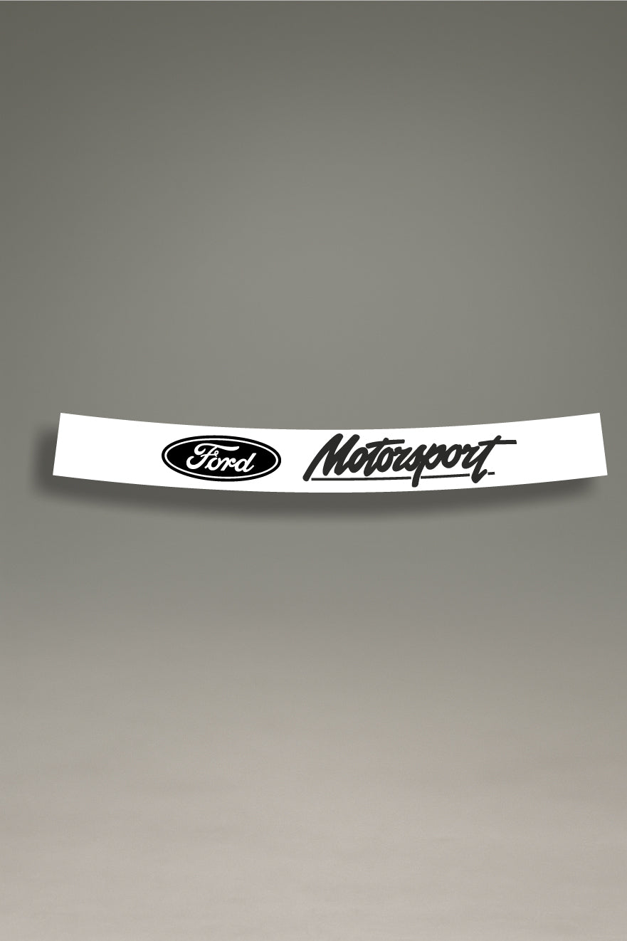 Parasol de vinilo blanco con el logotipo monocromático de Ford Motorsport en negro. Un accesorio minimalista de MOA-Grafics para personalizar vehículos Ford con un estilo de competición.