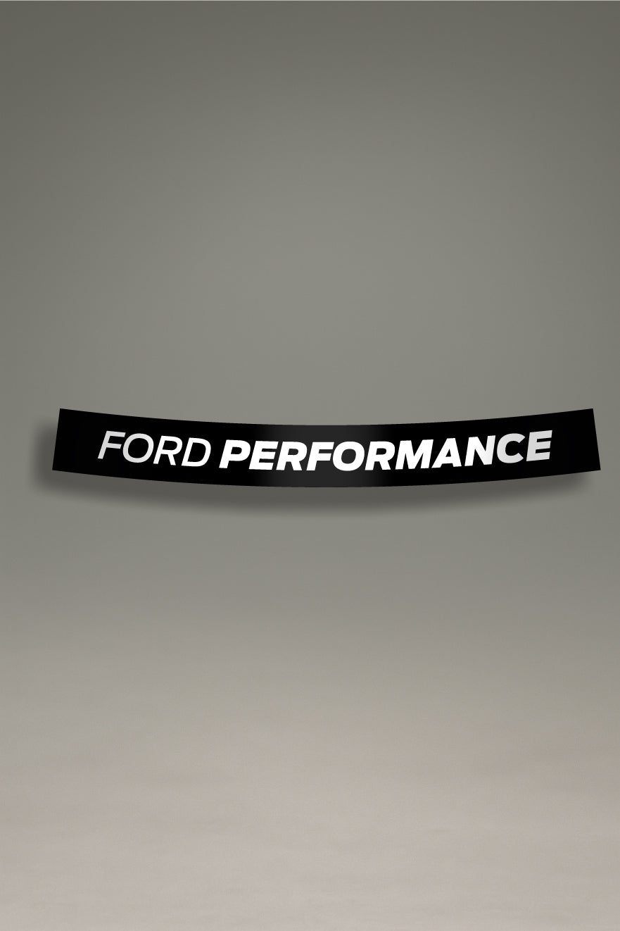 Parasol de vinilo negro con el logotipo de Ford Performance en blanco. Un accesorio de estilo minimalista de MOA-Grafics para personalizar y proteger el parabrisas de tu coche.