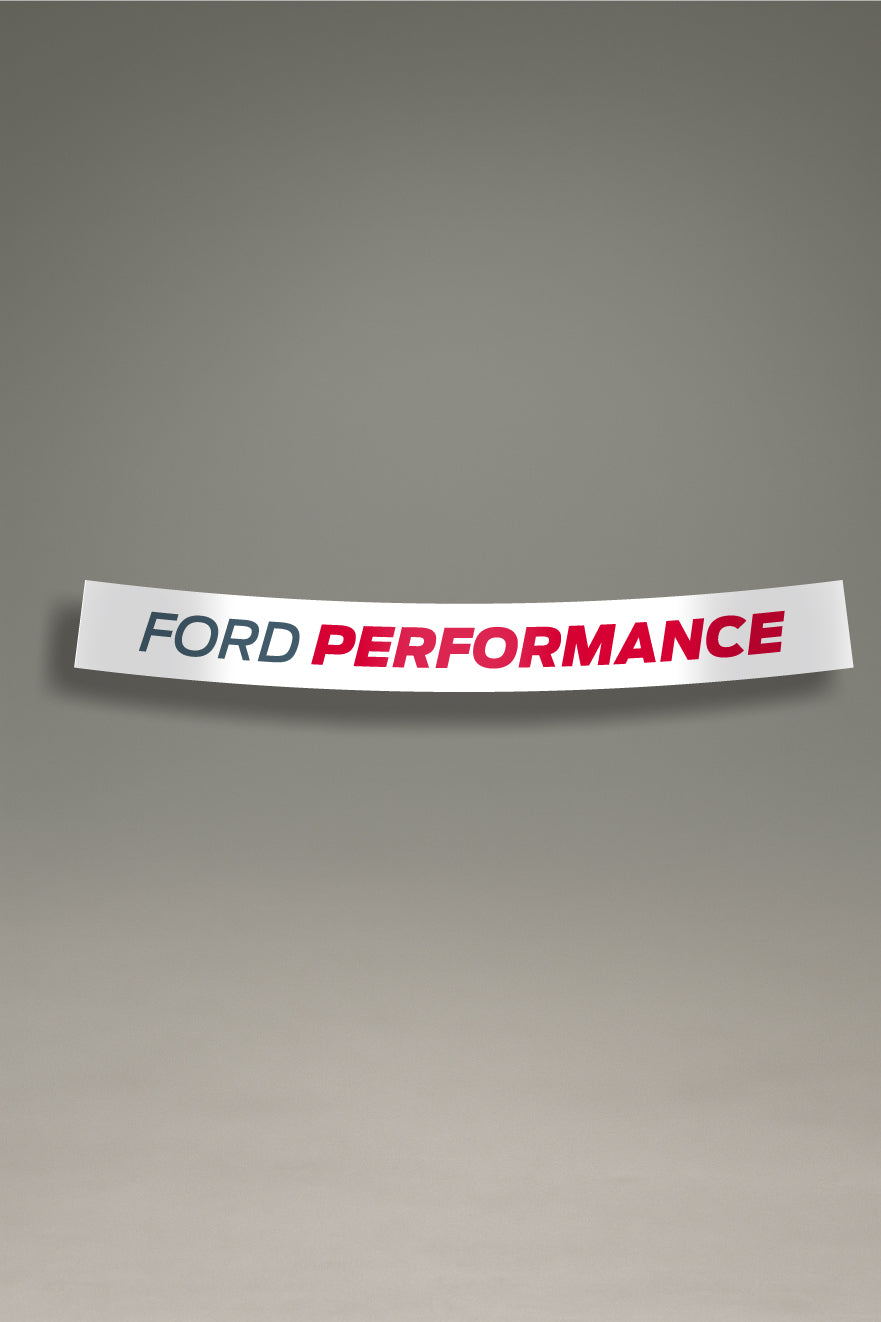 Parasol de vinilo blanco con el logotipo de Ford Performance en gris y rojo. Un accesorio de competición de MOA-Grafics para proteger el interior de tu coche Ford.