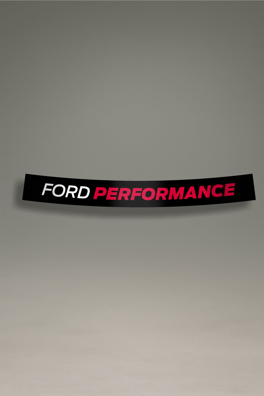 Parasol de vinilo negro con el logotipo de Ford Performance en blanco y rojo. Accesorio de MOA-Grafics para personalizar vehículos Ford con un estilo deportivo.
