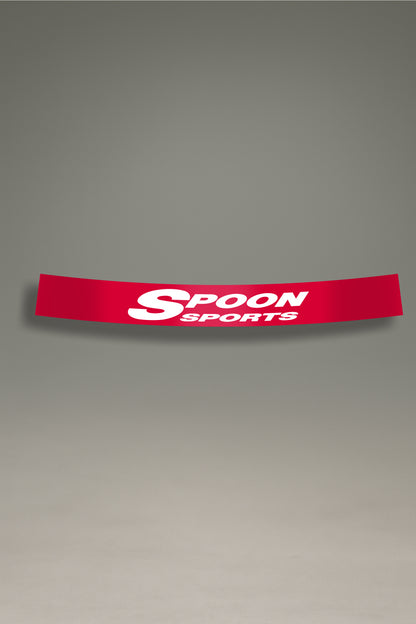 Parasol de vinilo rojo con el logotipo de Spoon Sports en blanco. Accesorio de MOA-Grafics para dar un toque de competición a tu coche Honda y protegerlo de los rayos UV.
