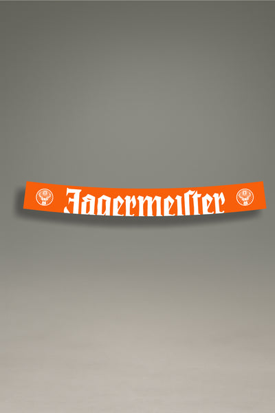 Parasol de vinilo naranja con el logotipo clásico de Jägermeister y el escudo en blanco. Un accesorio de MOA-Grafics para personalizar tu vehículo con un livery icónico.