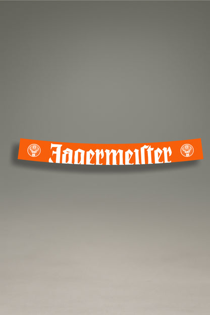 Parasol de vinilo naranja con el logotipo clásico de Jägermeister y el escudo en blanco. Un accesorio de MOA-Grafics para personalizar tu vehículo con un livery icónico.