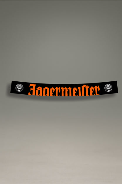 Parasol de vinilo negro con el logotipo clásico de Jägermeister y el escudo en naranja. Un accesorio de MOA-Grafics para personalizar tu coche con un estilo de competición.