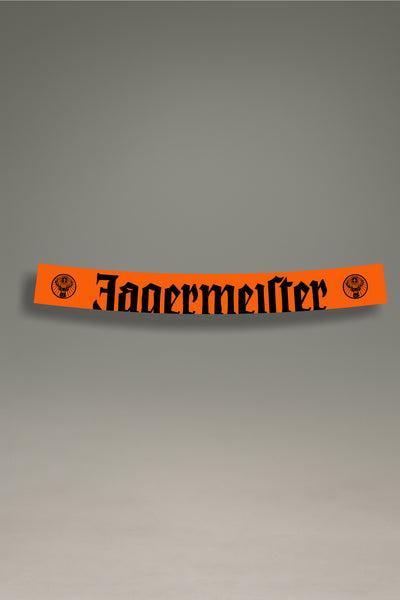 Parasol de vinilo naranja con el logotipo clásico de Jägermeister y el escudo en negro. Un accesorio de MOA-Grafics para proteger tu coche del sol con un diseño de motorsport.