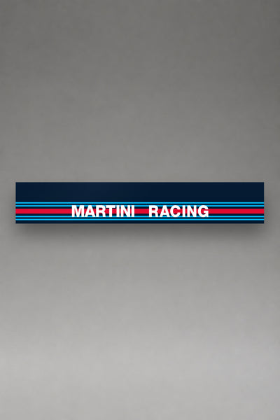 Parasol de vinilo Martini Racing con el lettering y las franjas rectas, la tira entera de 150 x 25 cm vista de frente, de MOA-Grafics.