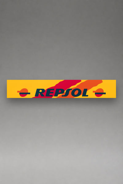 Parasol de vinilo Repsol · Logo Icónico, la tira entera de 150 x 25 cm vista de frente, de MOA-Grafics.