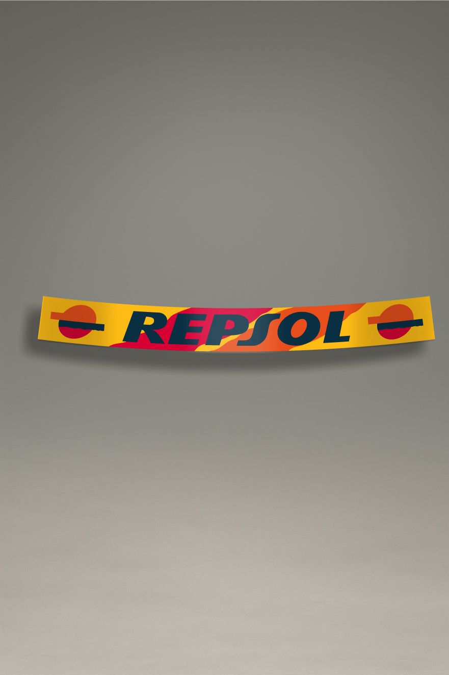 Parasol de vinilo con el logotipo clásico de Repsol Racing. Un accesorio de MOA-Grafics para personalizar tu coche con un estilo de competición y proteger el interior.