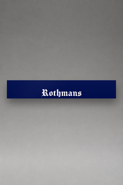 Parasol de vinilo Rothmans · Librea Azul y Blanca, la tira entera de 150 x 25 cm vista de frente, de MOA-Grafics.