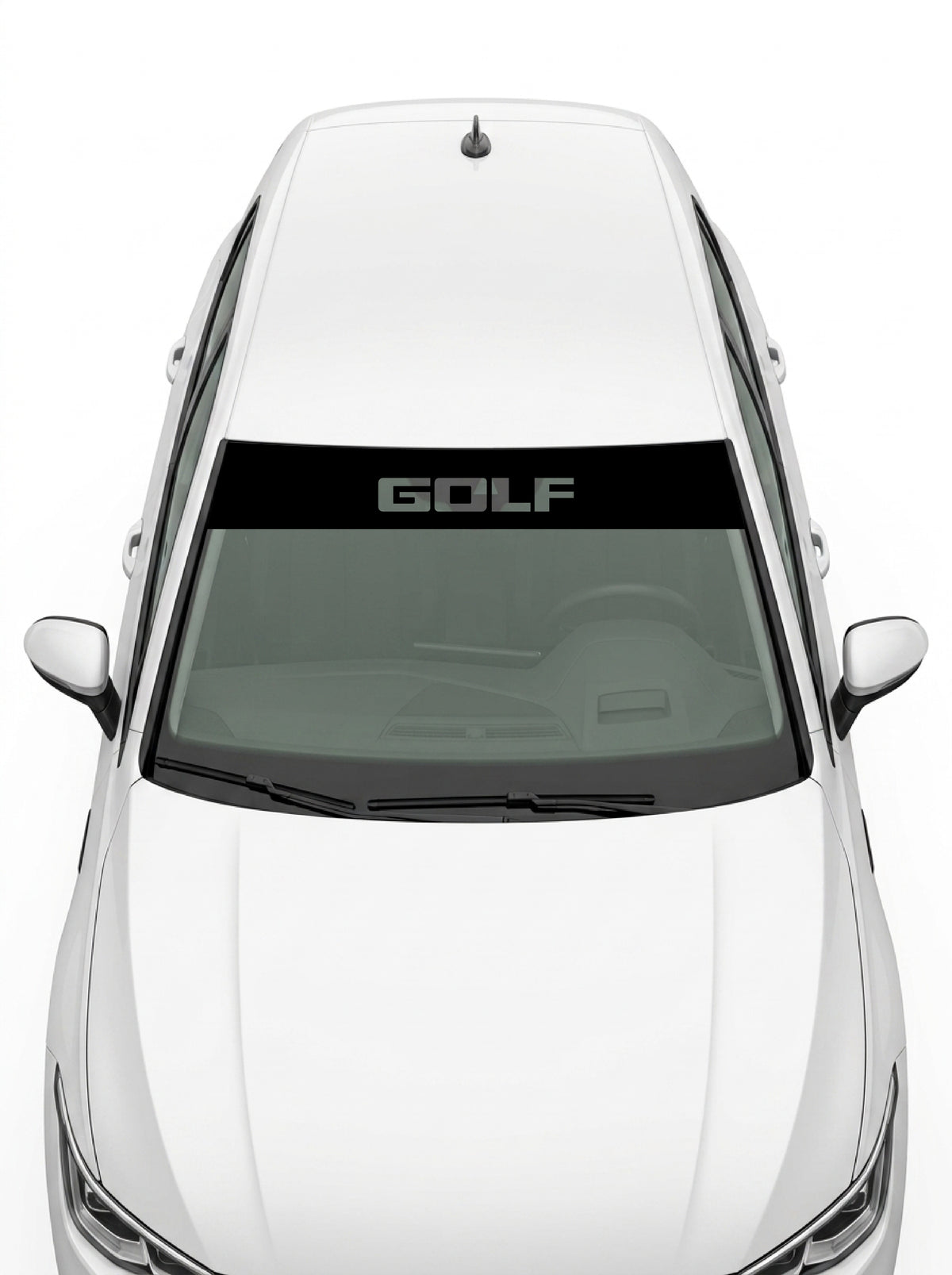 Volkswagen - Formato Golf negro con el lettering GOLF troquelado, recortado en el vinilo para que se vea el cristal a través instalado en el parabrisas