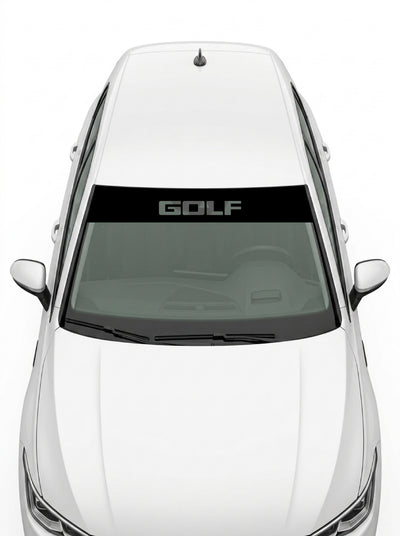 Volkswagen - Formato Golf negro con el lettering GOLF troquelado, recortado en el vinilo para que se vea el cristal a través instalado en el parabrisas
