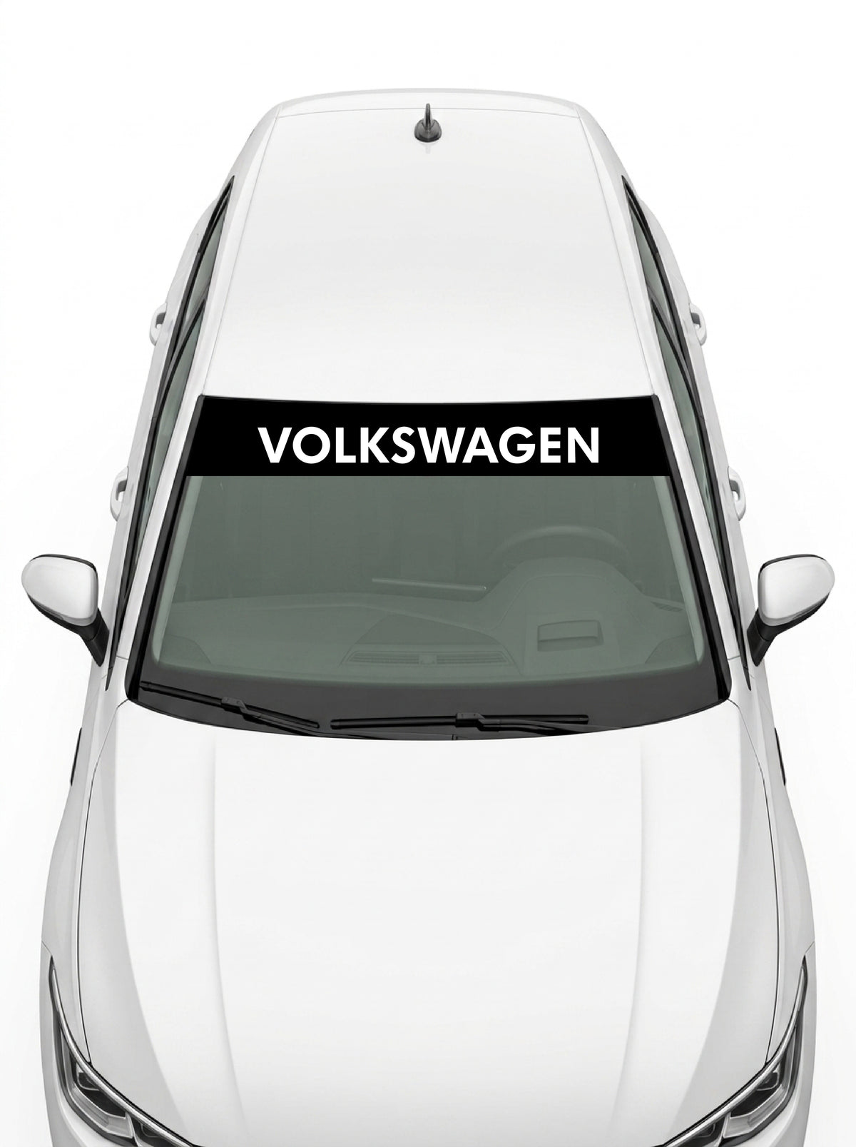 Volkswagen - Emblema y Nombre Completo negro con el lettering VOLKSWAGEN en mayúsculas blancas instalado en el parabrisas