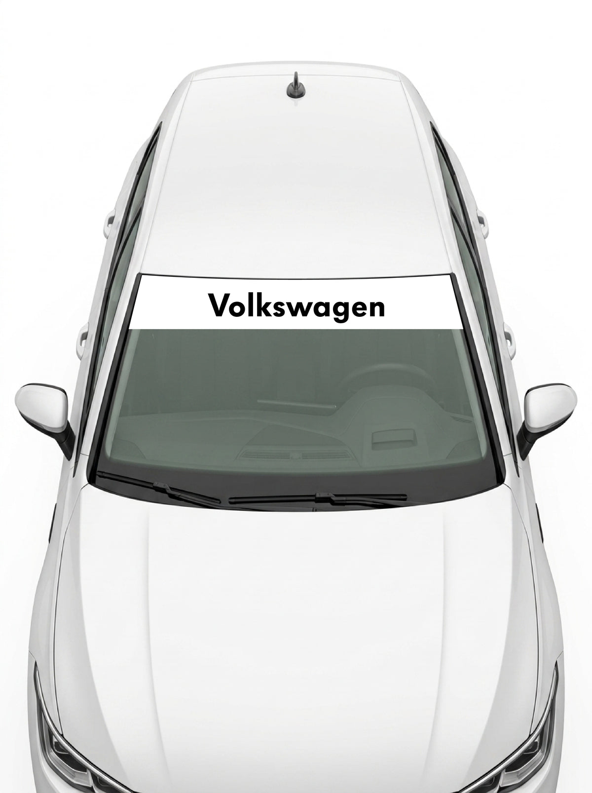 Volkswagen - Nombre entre Dos Emblemas blanco con el lettering Volkswagen en negro a todo lo ancho instalado en el parabrisas