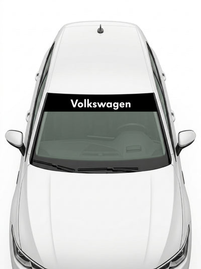 Volkswagen - Nombre entre Dos Emblemas negro con el lettering Volkswagen en blanco a todo lo ancho instalado en el parabrisas