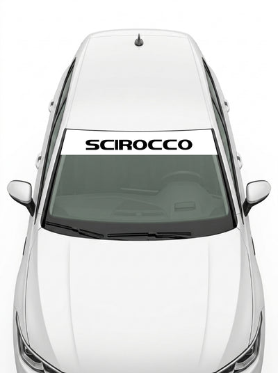 Volkswagen - Nombre Scirocco blanco con el lettering SCIROCCO en negro a todo lo ancho instalado en el parabrisas