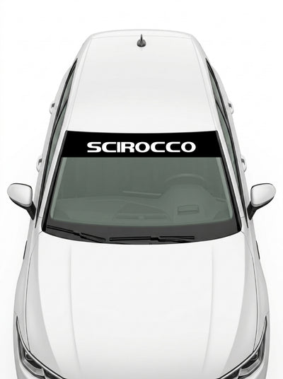Volkswagen - Nombre Scirocco negro con el lettering SCIROCCO en blanco a todo lo ancho instalado en el parabrisas