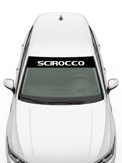 Volkswagen - Nombre Scirocco negro con el lettering SCIROCCO en blanco a todo lo ancho instalado en el parabrisas