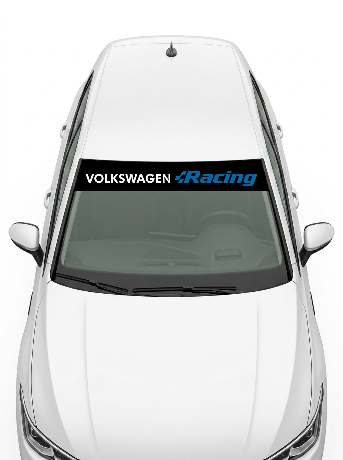 Volkswagen - Programa Rally negro con el lettering VOLKSWAGEN en blanco y la palabra Racing en azul instalado en el parabrisas