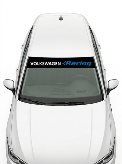 Volkswagen - Programa Rally negro con el lettering VOLKSWAGEN en blanco y la palabra Racing en azul instalado en el parabrisas
