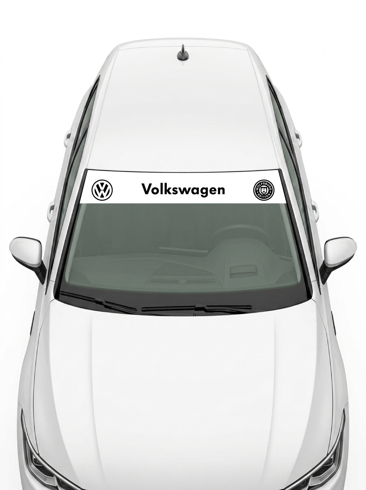 Volkswagen - Sello Wolfsburg blanco con el emblema VW, el lettering Volkswagen y el escudo de Wolfsburg en negro instalado en el parabrisas