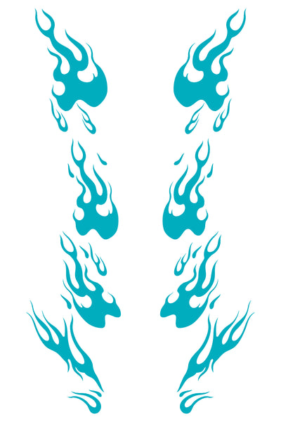 Patrón detallado del vinilo Llamas Azules Racing. Muestra la silueta de las flamas en un tono azul vibrante, ideal para personalización.
