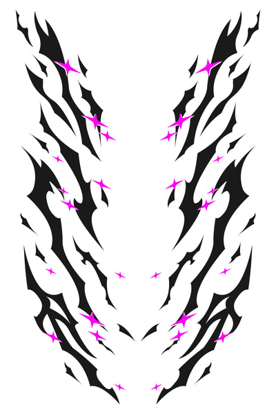 Patrón completo del diseño de vinilo Star Tribal en negro y rosa magenta. Detalle del arte para kit de personalización automotriz.
