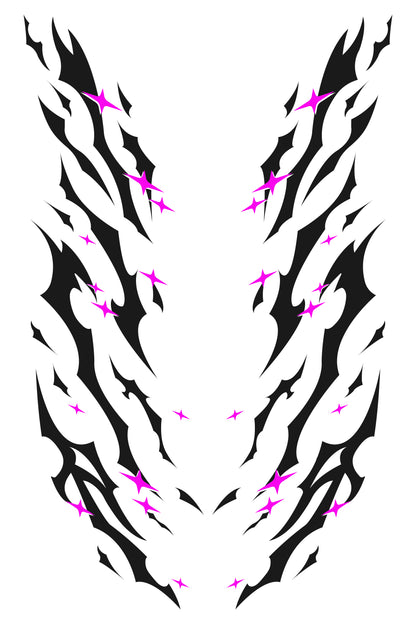 Patrón completo del diseño de vinilo Star Tribal en negro y rosa magenta. Detalle del arte para kit de personalización automotriz.
