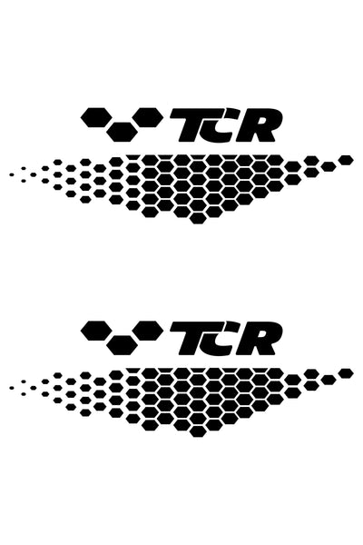 Patrón detallado del vinilo Volkswagen TCR. Muestra el diseño geométrico y las líneas dinámicas de una librea de carreras moderna.