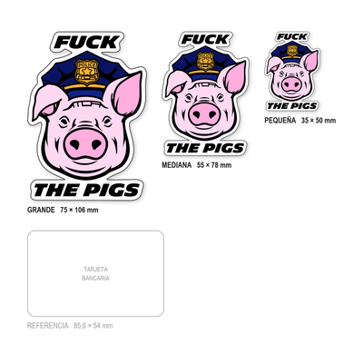 Los tres tamaños de la pegatina Cerdo Policía Sin Censura juntos y a escala real: 35 × 50 mm, 55 × 78 mm y 75 × 106 mm, con una tarjeta bancaria de 85,6 × 54 mm al lado para comparar.