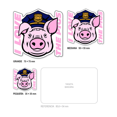 Los tres tamaños de la pegatina I Love The Pigs juntos y a escala real: 35 × 35 mm, 55 × 55 mm y 75 × 75 mm, con una tarjeta bancaria de 85,6 × 54 mm al lado para comparar.