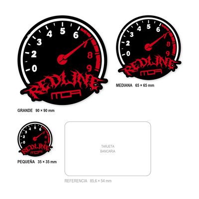 Los tres tamaños de la pegatina Red Line juntos y a escala real: 35 × 35 mm, 65 × 65 mm y 90 × 90 mm, con una tarjeta bancaria de 85,6 × 54 mm al lado para comparar.