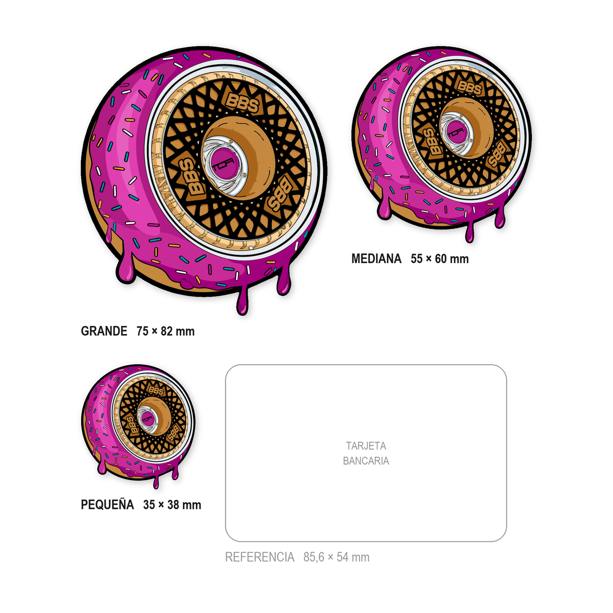 Los tres tamaños de la pegatina Rueda Dónut juntos y a escala real: 35 × 38 mm, 55 × 60 mm y 75 × 82 mm, con una tarjeta bancaria de 85,6 × 54 mm al lado para comparar.