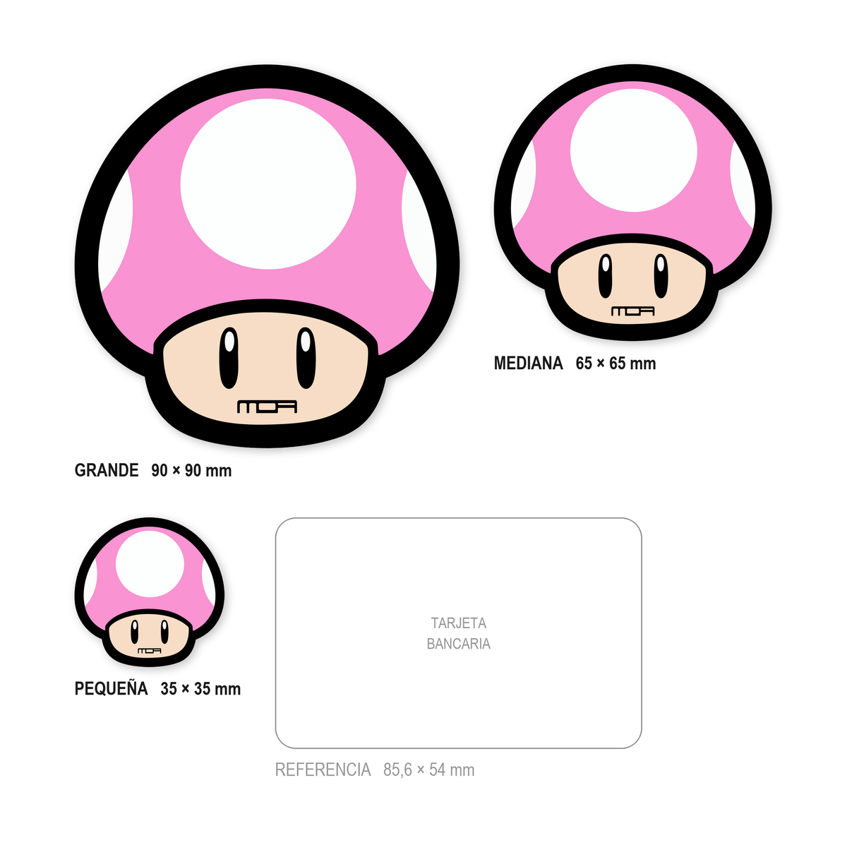 Los tres tamaños de la pegatina Seta Rosa juntos y a escala real: 35 × 35 mm, 65 × 65 mm y 90 × 90 mm, con una tarjeta bancaria de 85,6 × 54 mm al lado para comparar.