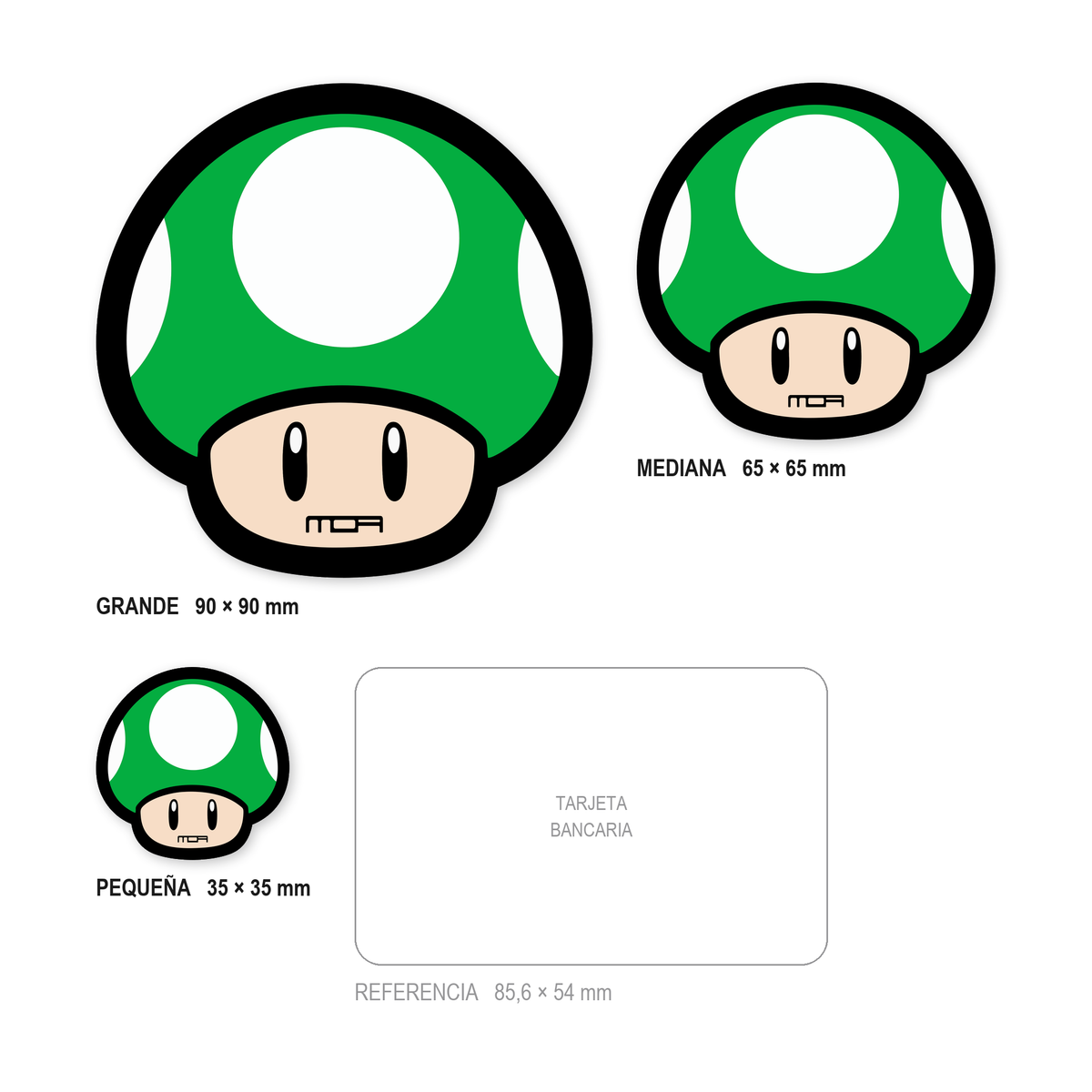 Los tres tamaños de la pegatina Seta Verde juntos y a escala real: 35 × 35 mm, 65 × 65 mm y 90 × 90 mm, con una tarjeta bancaria de 85,6 × 54 mm al lado para comparar.
