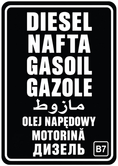 Pegatina negra vertical Gasoil B7, con DIESEL, NAFTA, GASOIL y GAZOLE en blanco y símbolo B7 cuadrado.