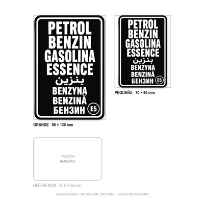 Comparativa de la pegatina Gasolina E5: recuadros de corte de 70 × 90 mm y 90 × 130 mm, diseño sin deformar y tarjeta bancaria de 85,6 × 54 mm a escala.