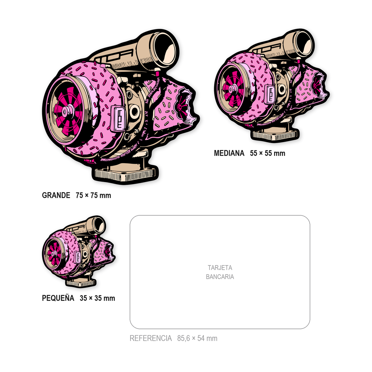 Los tres tamaños de la pegatina Turbo Dónut juntos y a escala real: 35 × 35 mm, 55 × 55 mm y 75 × 75 mm, con una tarjeta bancaria de 85,6 × 54 mm al lado para comparar.