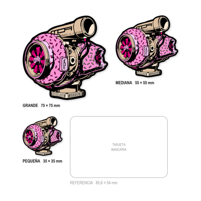 Los tres tamaños de la pegatina Turbo Dónut juntos y a escala real: 35 × 35 mm, 55 × 55 mm y 75 × 75 mm, con una tarjeta bancaria de 85,6 × 54 mm al lado para comparar.